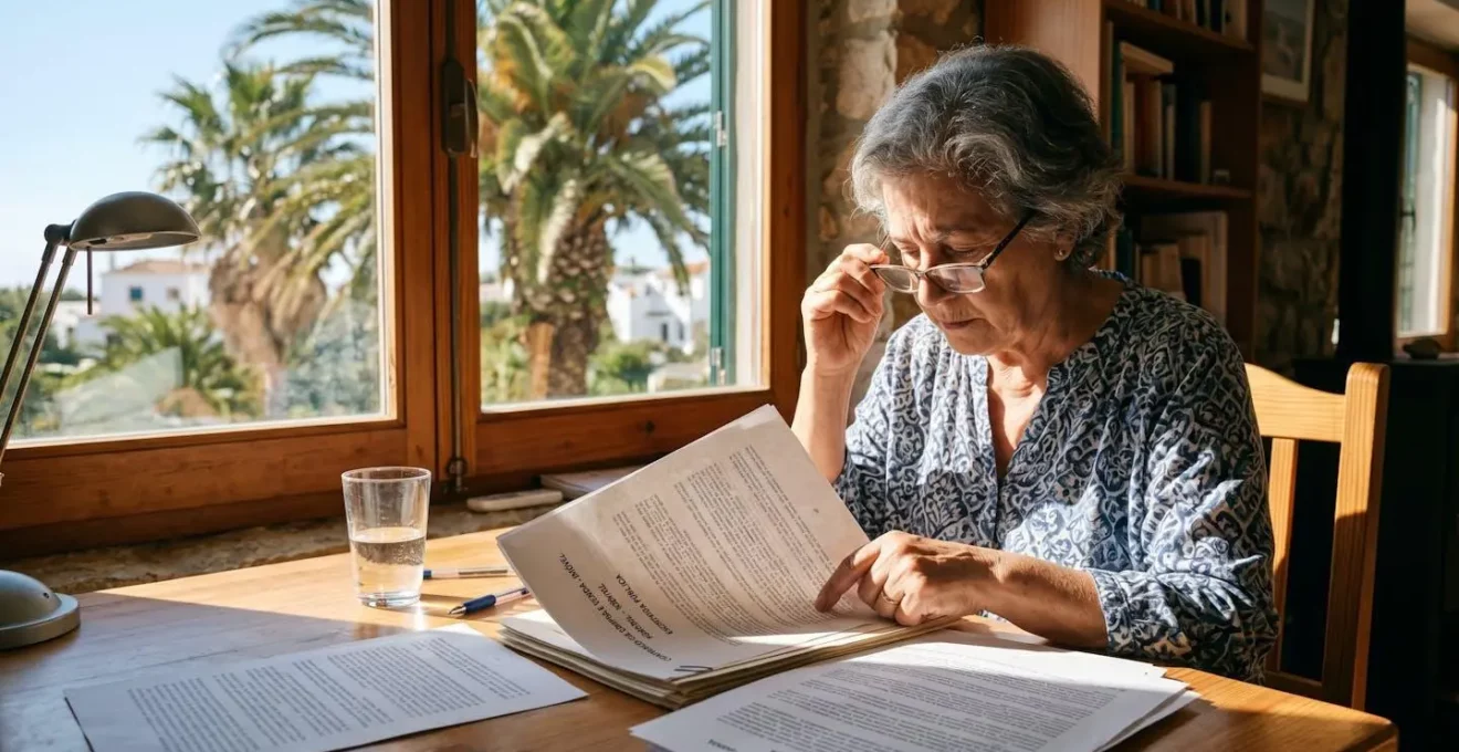 Investisseur francophone analysant des documents de copropriété américaine dans un bureau lumineux en Algarve