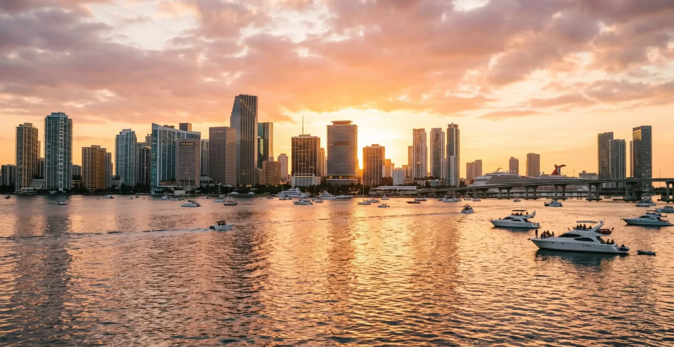 Skyline de Miami depuis la baie de Biscayne au coucher du soleil, immeubles en bord de mer et reflets sur l'eau