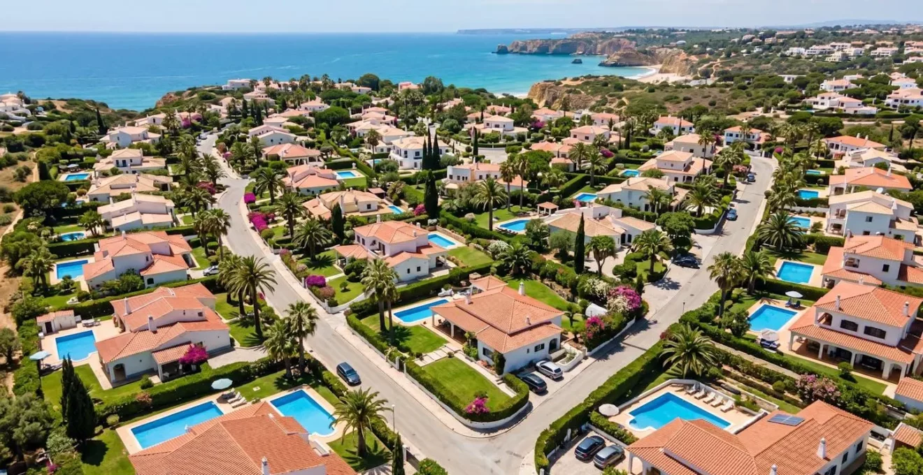 Vue aérienne d'un quartier résidentiel ensoleillé en Algarve avec palmiers, piscines et toits en tuiles orangées