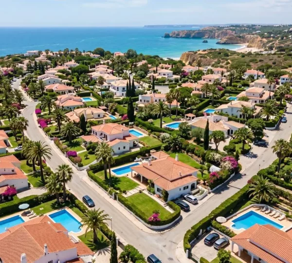 Vue aérienne d'un quartier résidentiel ensoleillé en Algarve avec palmiers, piscines et toits en tuiles orangées