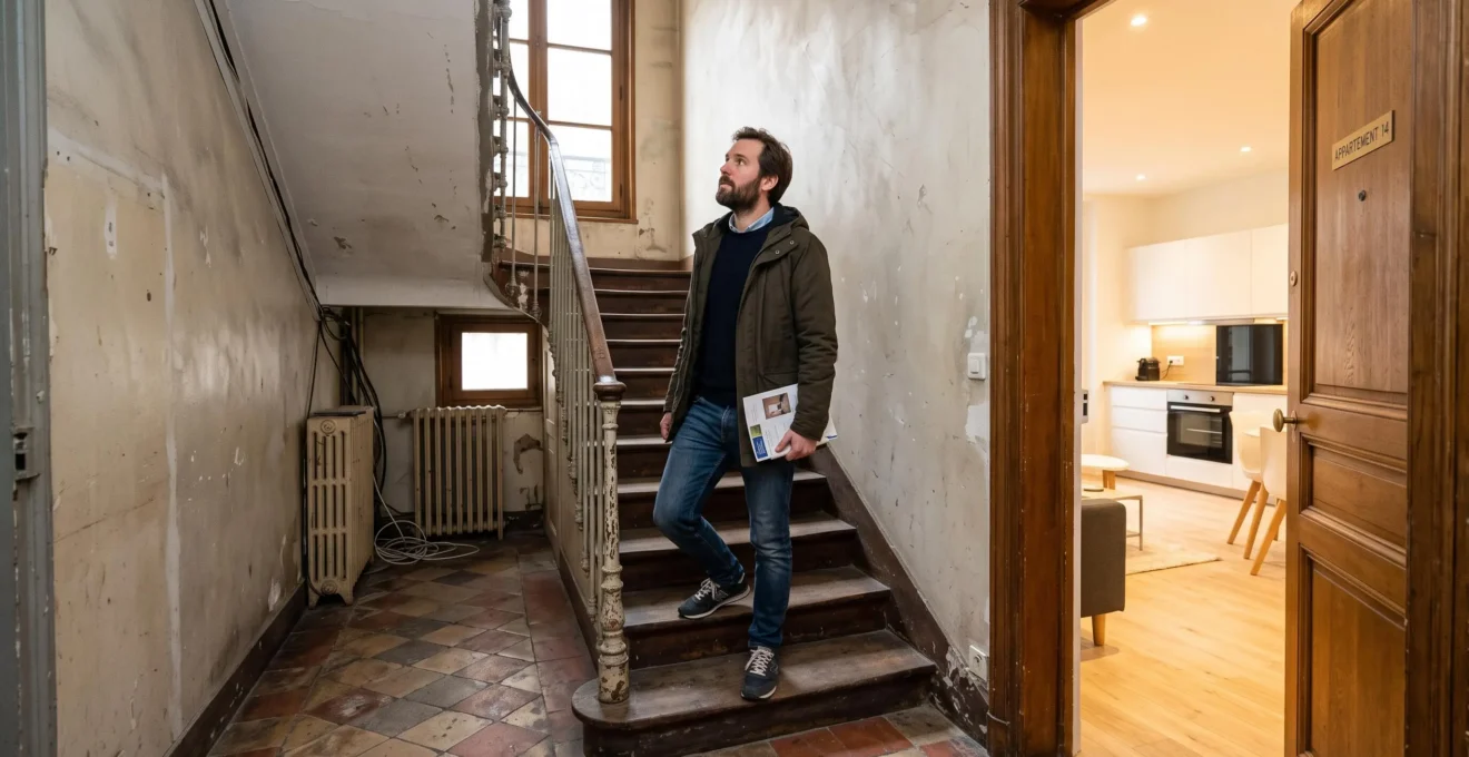 Un acheteur observe la cage d'escalier vieillissante d'un immeuble français depuis le palier, l'intérieur rénové de l'appartement visible derrière lui.