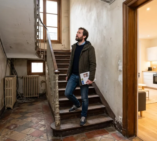 Un acheteur observe la cage d'escalier vieillissante d'un immeuble français depuis le palier, l'intérieur rénové de l'appartement visible derrière lui.