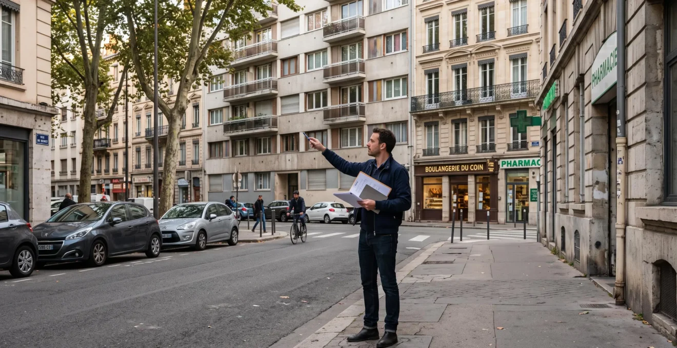 Un acheteur compare des documents et un écran de tablette devant deux immeubles différents d'un même quartier français, debout sur le trottoir.
