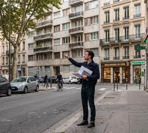 Un acheteur compare des documents et un écran de tablette devant deux immeubles différents d'un même quartier français, debout sur le trottoir.