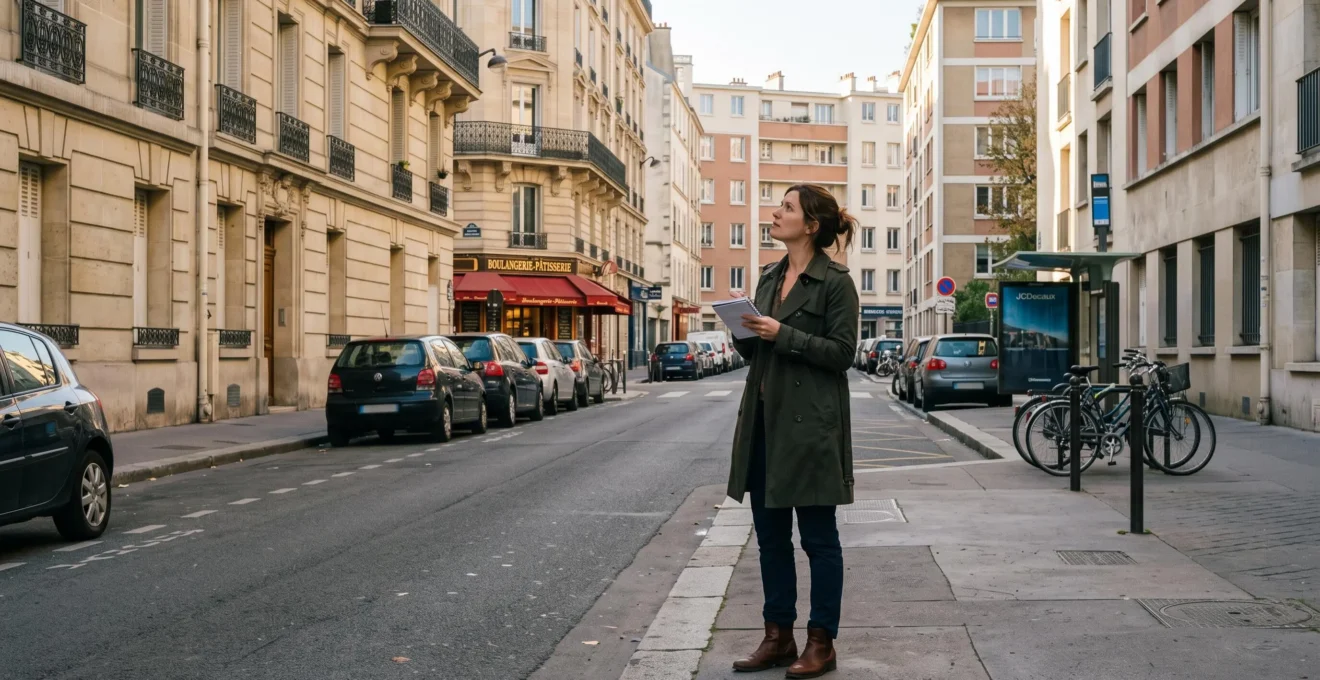 Un acheteur potentiel observant une rue résidentielle française en fin de journée pour évaluer l'emplacement d'un bien.