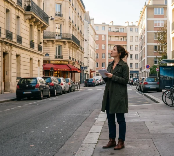 Un acheteur potentiel observant une rue résidentielle française en fin de journée pour évaluer l'emplacement d'un bien.