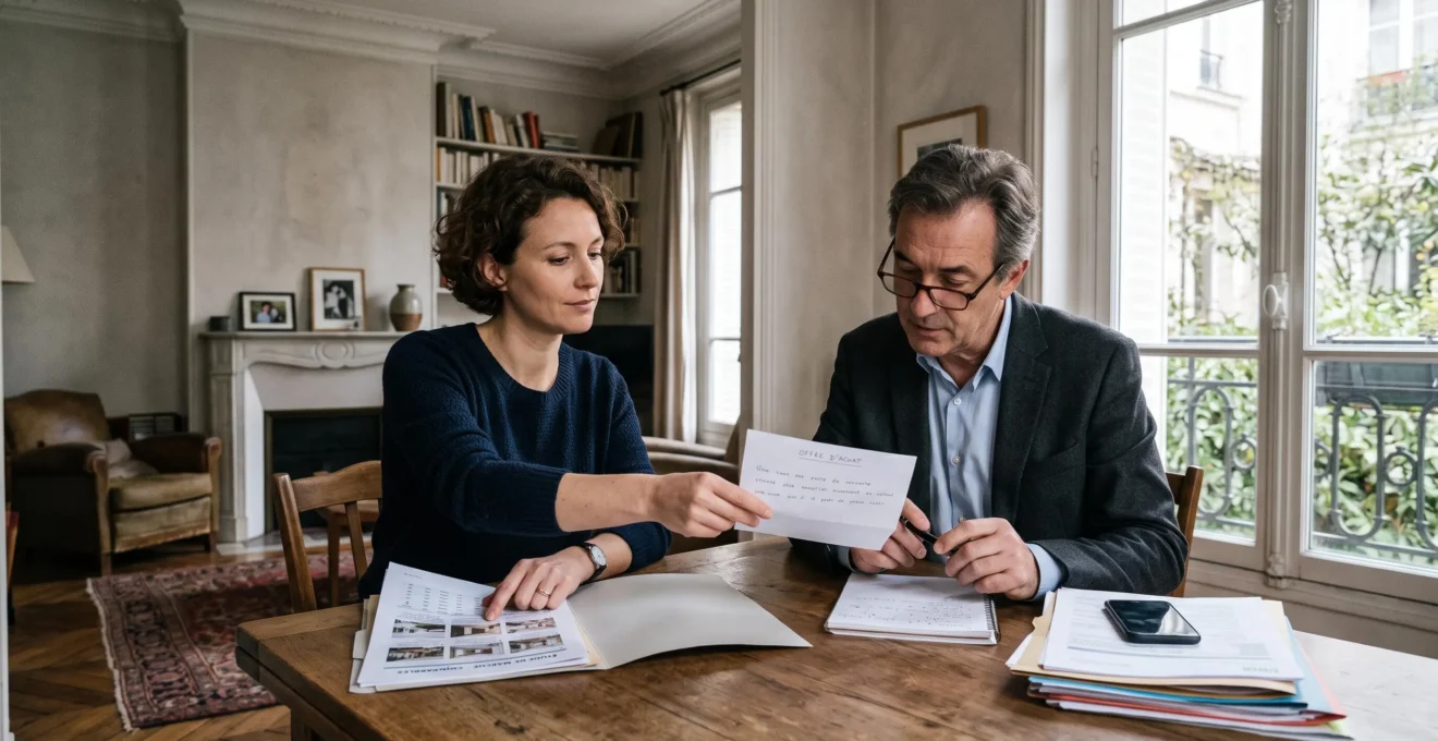 Un acheteur remet une offre écrite à un agent immobilier lors d'une discussion autour d'une table dans un appartement français.