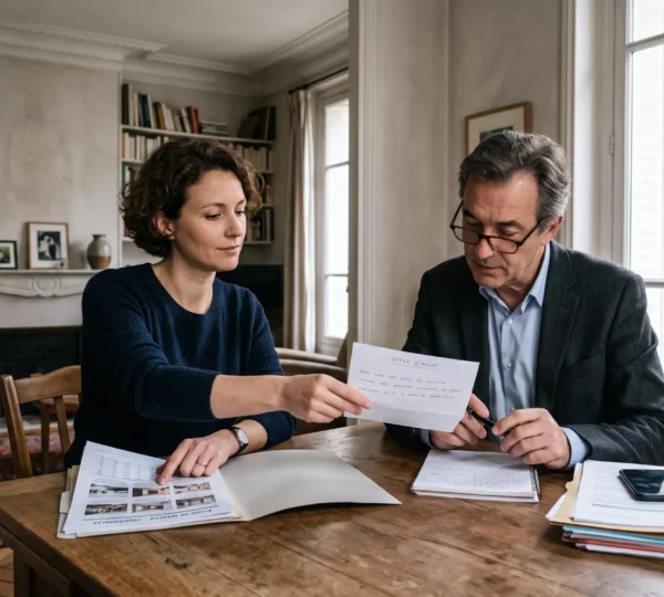 Un acheteur remet une offre écrite à un agent immobilier lors d'une discussion autour d'une table dans un appartement français.
