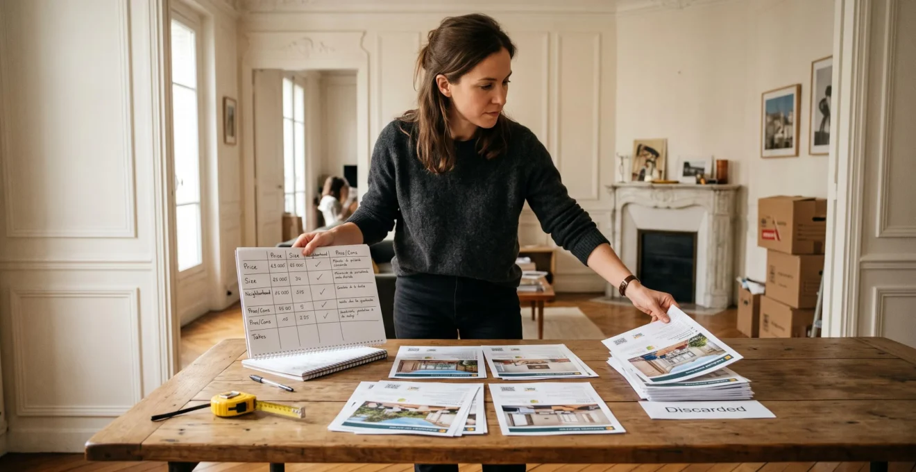 Un acheteur trie des annonces immobilières imprimées en deux piles sur une table, avec une grille de comparaison manuscrite, dans un appartement en cours de visite.
