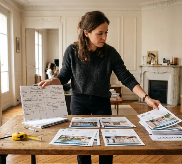 Un acheteur trie des annonces immobilières imprimées en deux piles sur une table, avec une grille de comparaison manuscrite, dans un appartement en cours de visite.