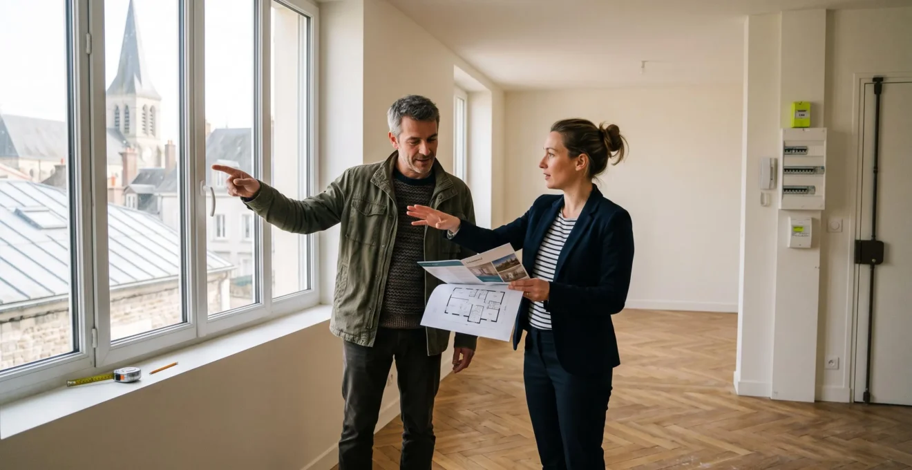 Un acheteur examine un appartement vide avec un agent immobilier qui lui présente un plan et lui montre la pièce principale.