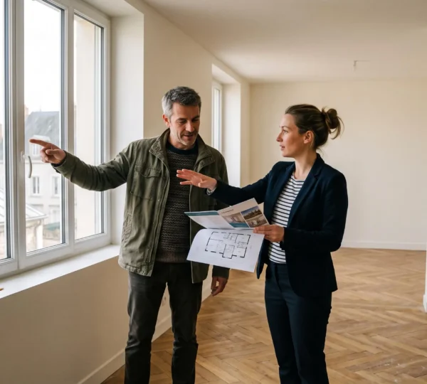 Un acheteur examine un appartement vide avec un agent immobilier qui lui présente un plan et lui montre la pièce principale.