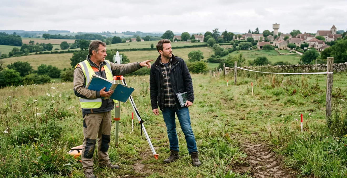Un géomètre et un acheteur examinent un terrain vacant délimité par des piquets de bornage à la campagne en France.