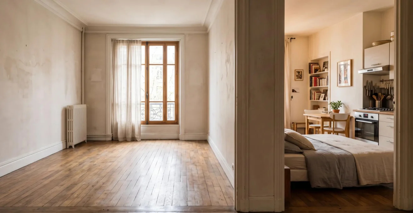 Vue d'un appartement vide avec parquet et grande fenêtre, donnant sur une pièce voisine entièrement meublée avec lit, table et étagère.