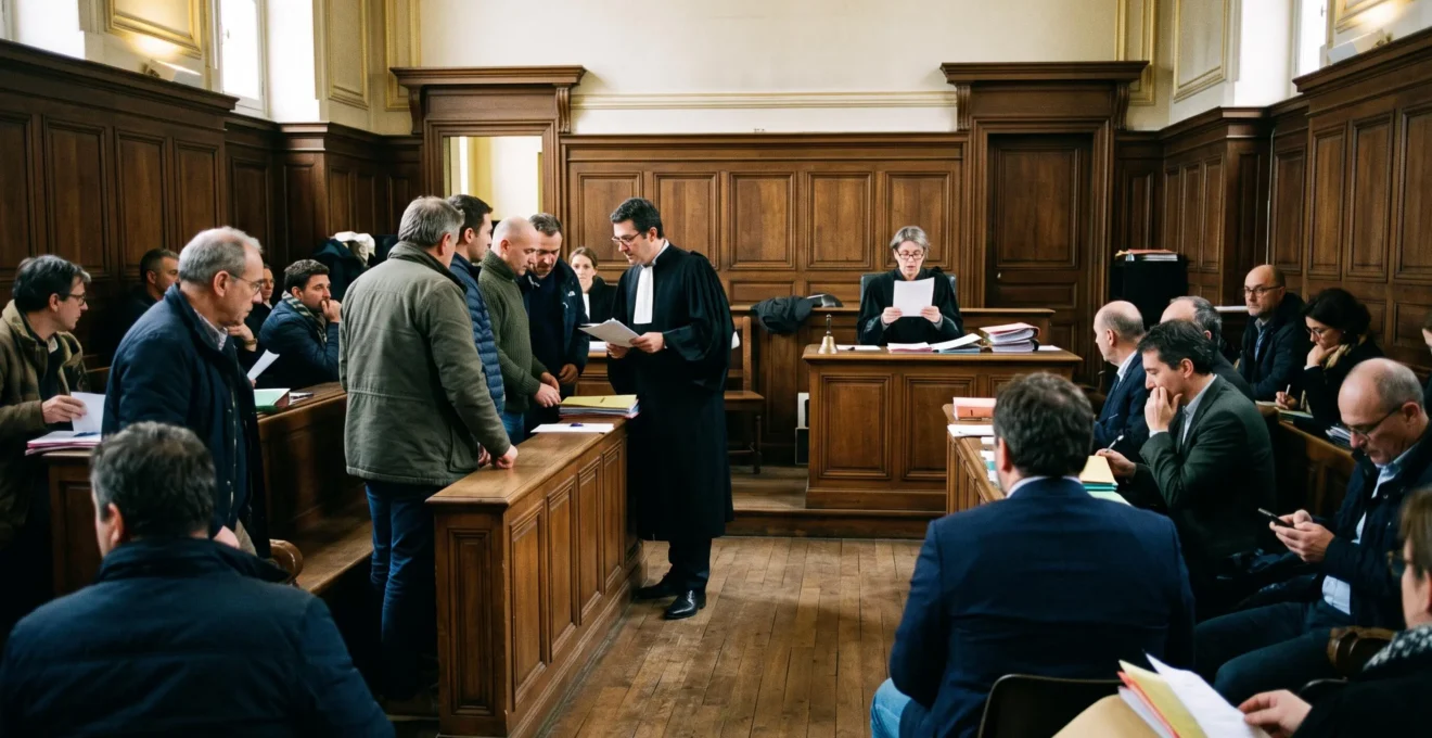 Une audience d'enchères judiciaires immobilières dans une salle de tribunal française, avec un greffier lisant les conditions de la vente et des enchérisseurs attentifs.