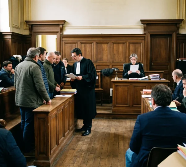 Une audience d'enchères judiciaires immobilières dans une salle de tribunal française, avec un greffier lisant les conditions de la vente et des enchérisseurs attentifs.