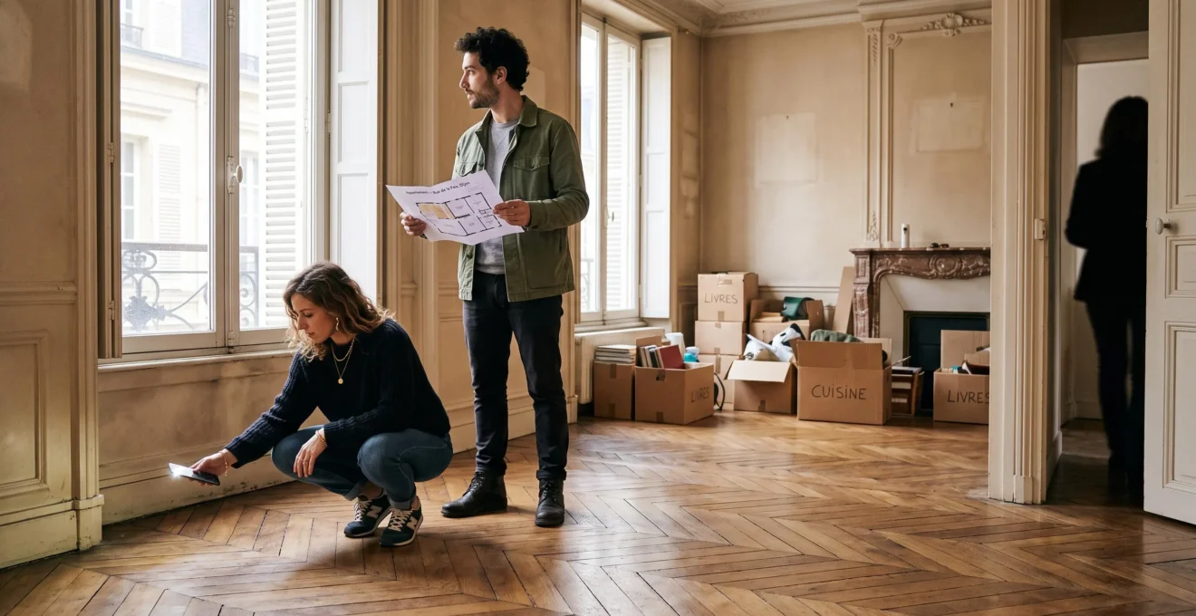 Un couple visite un appartement en France et inspecte le sol et les murs pendant la visite avec un agent immobilier.