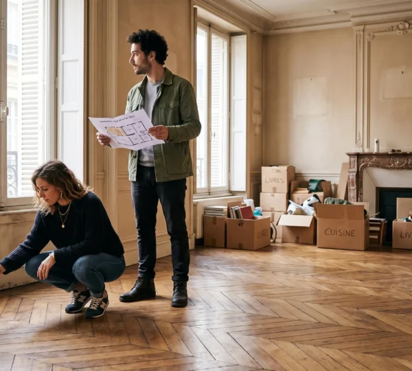 Un couple visite un appartement en France et inspecte le sol et les murs pendant la visite avec un agent immobilier.