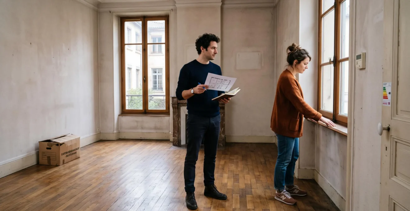 Un couple de futurs locataires visite un appartement vide et inspecte une fenêtre pendant que l'un consulte un plan.