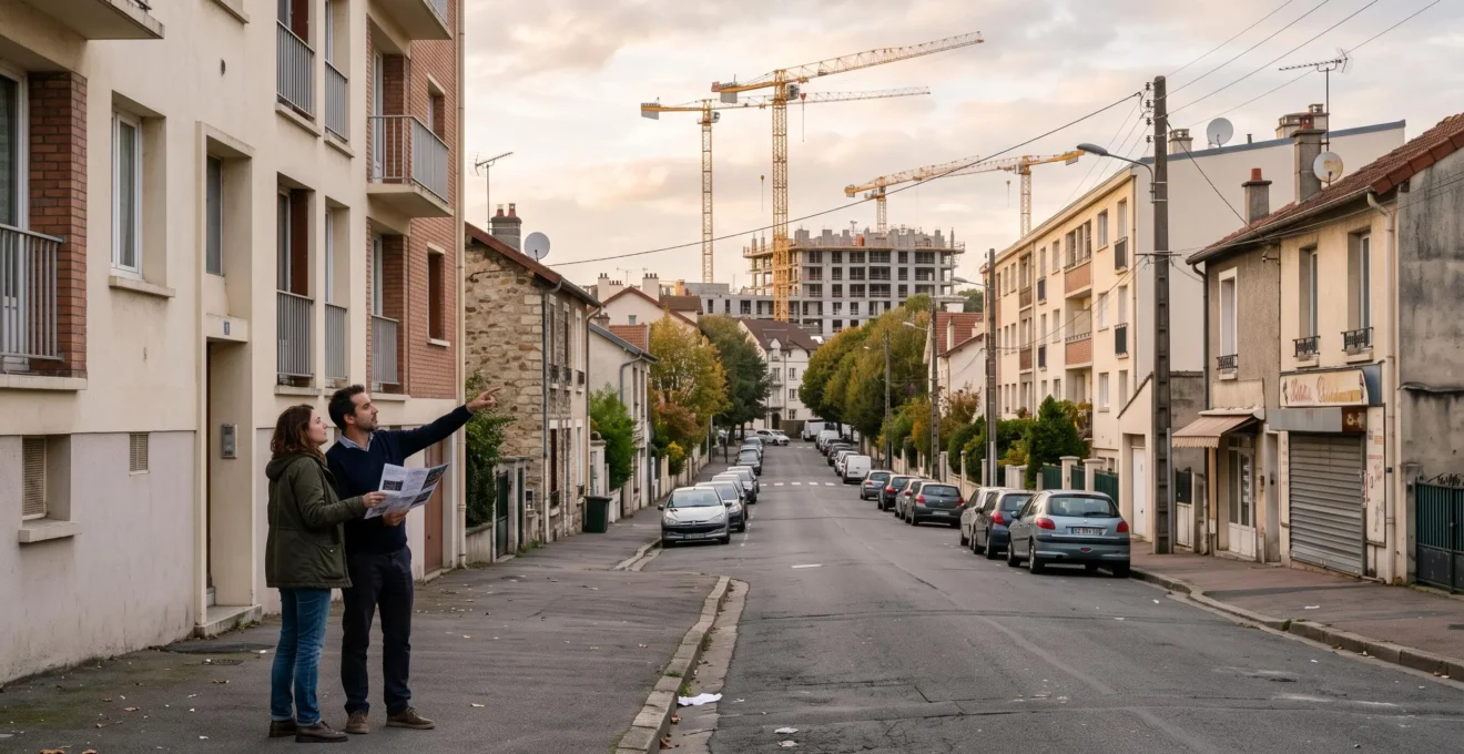 Un couple examine un immeuble résidentiel depuis le trottoir d'une rue d'une commune de la grande couronne parisienne, avec un chantier visible au fond.