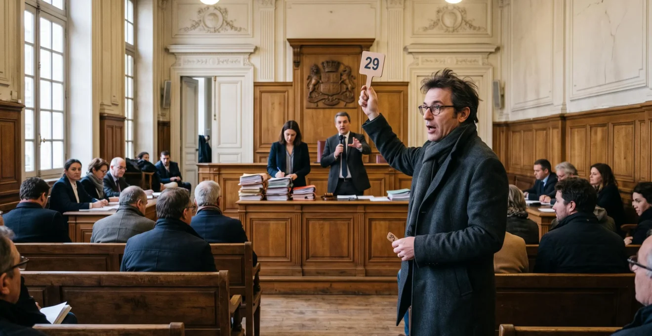 Un acquéreur lève une palette numérotée dans une salle d'audience française lors d'une vente aux enchères immobilières, face au bureau du magistrat et du greffier.
