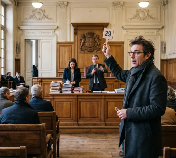 Un acquéreur lève une palette numérotée dans une salle d'audience française lors d'une vente aux enchères immobilières, face au bureau du magistrat et du greffier.