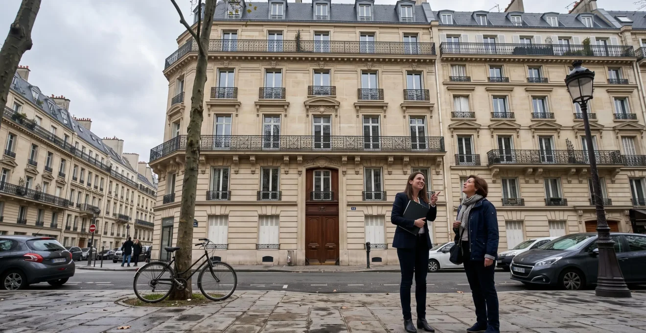 Un professionnel de l'immobilier et un propriétaire discutent devant un immeuble résidentiel français en observant la façade.