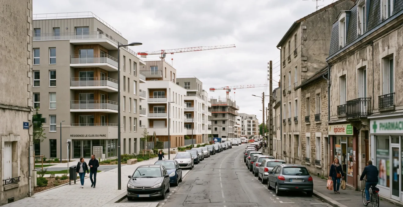 Vue d'un quartier français où des immeubles neufs récemment livrés côtoient des bâtiments plus anciens.