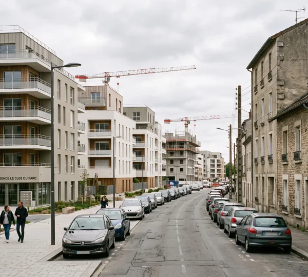 Vue d'un quartier français où des immeubles neufs récemment livrés côtoient des bâtiments plus anciens.