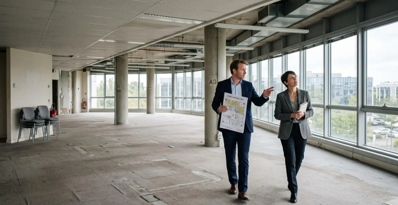 Un investisseur et un agent locatif parcourent un plateau de bureaux vide en discutant de la réorganisation de l'espace.