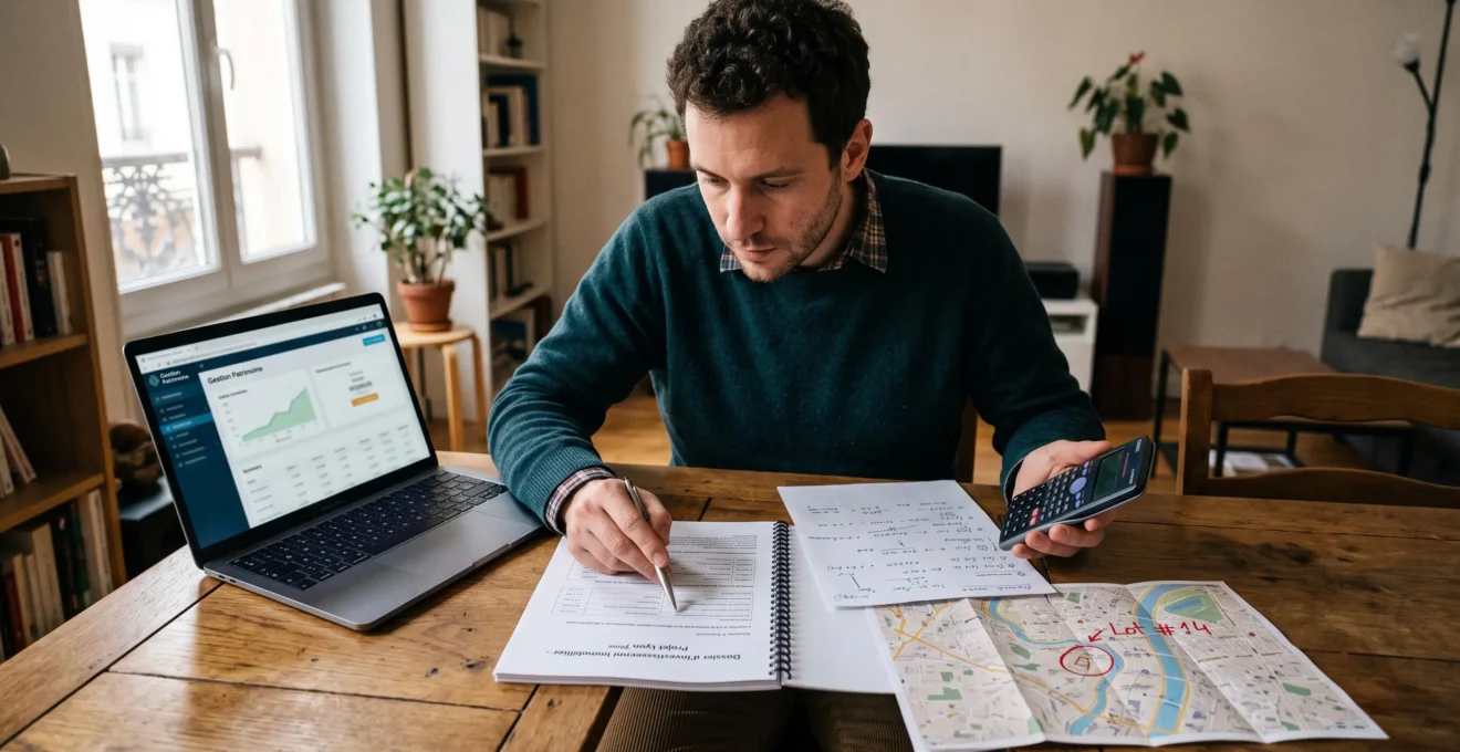 Un investisseur compare un dossier de projet immobilier imprimé et une plateforme en ligne sur son ordinateur portable, calculatrice et notes à portée de main, à son domicile.