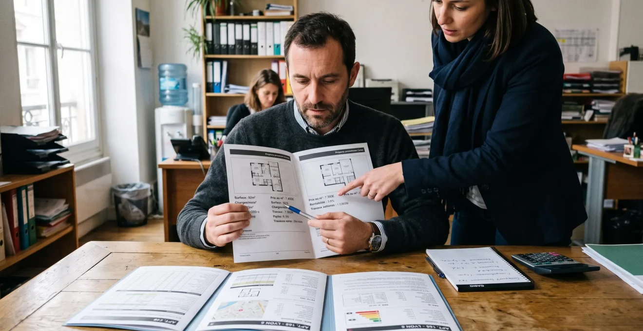 Un investisseur compare côte à côte plusieurs dossiers de placements immobiliers sur une table d'agence, accompagné d'un conseiller qui pointe un document.