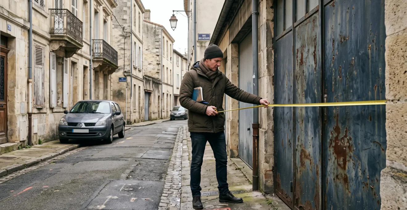Un homme mesure la largeur de la porte d'un garage métallique dans une rue résidentielle française.