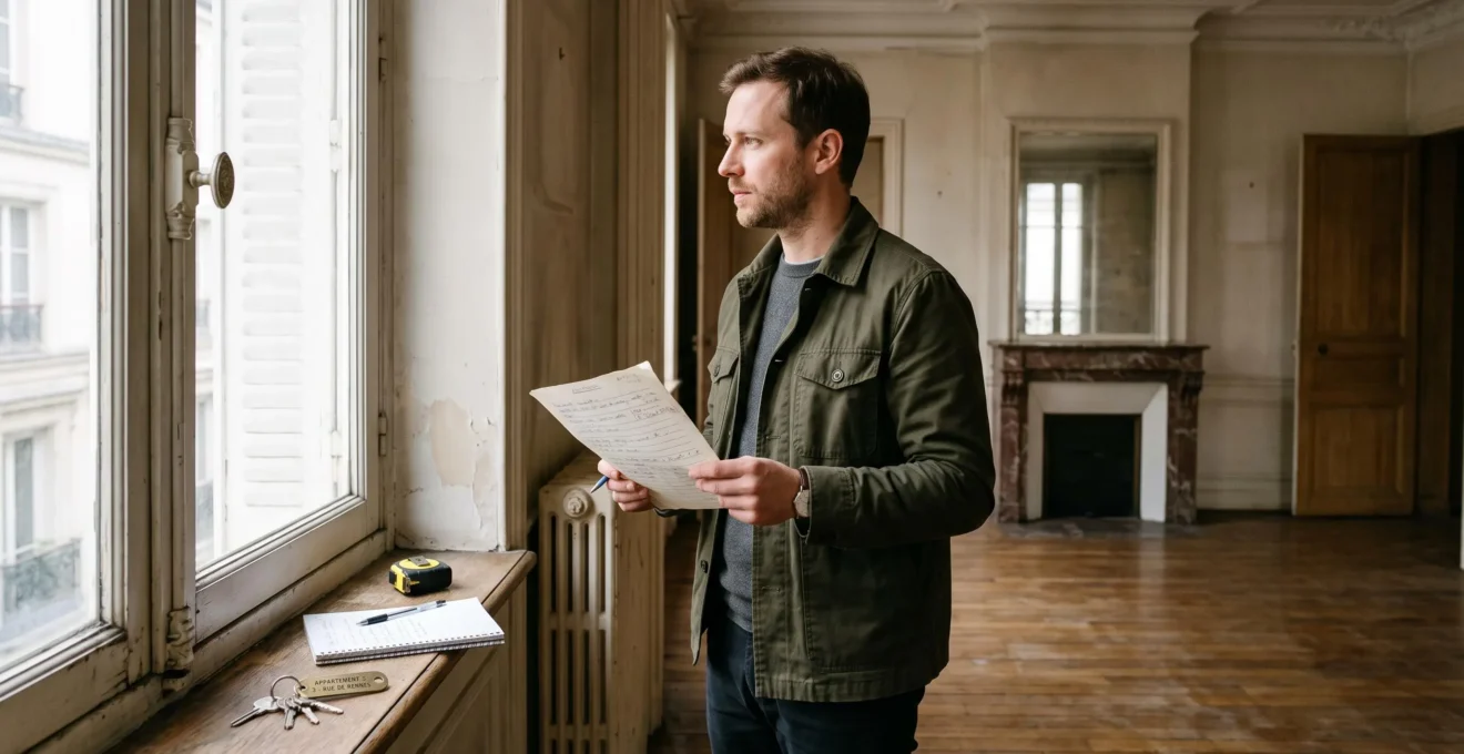 Un investisseur examine une pièce vide d'un appartement lors d'une visite en tenant une grille de vérification imprimée.