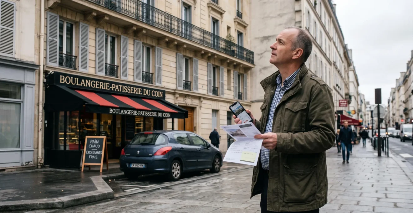Un investisseur observe un immeuble résidentiel depuis le trottoir d'un quartier français, un avis de location en main.