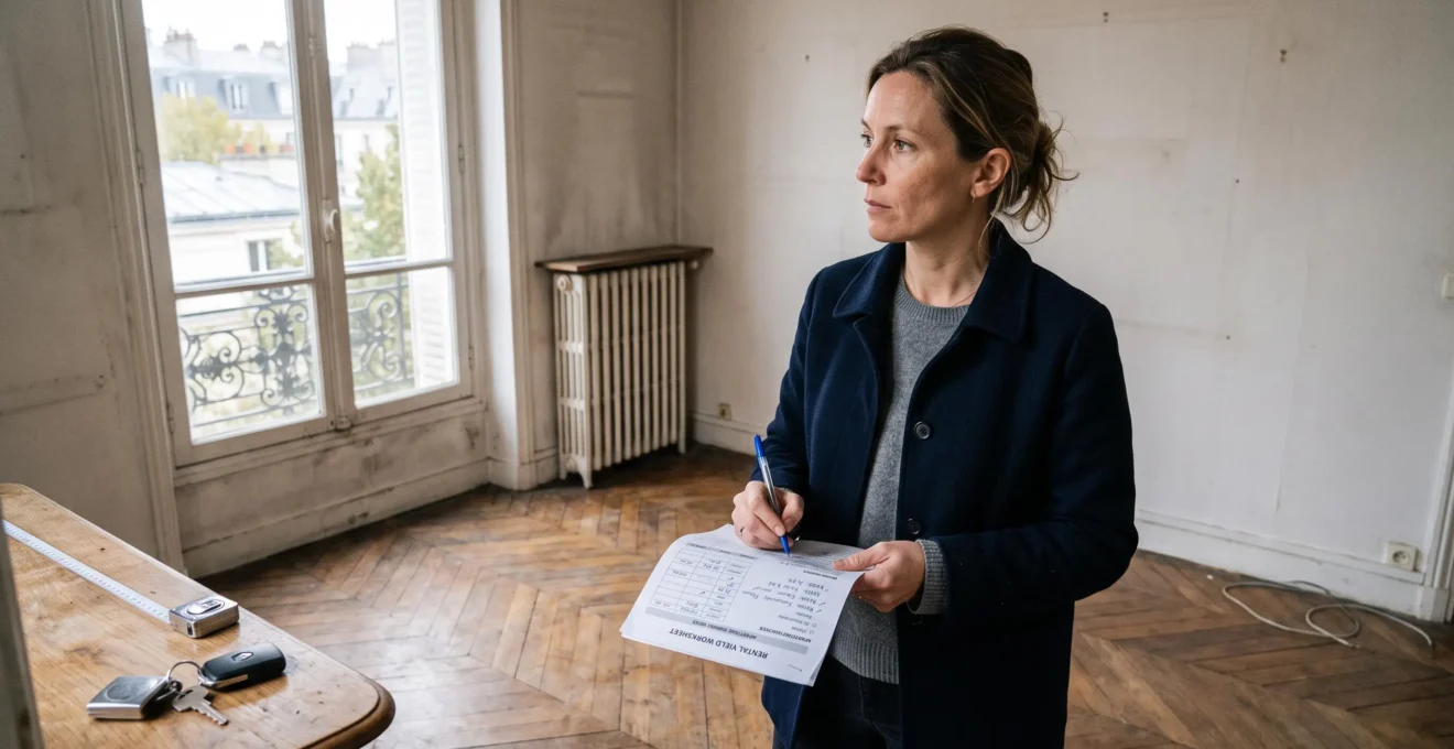 Une investisseuse annotant une feuille de calcul de rentabilité pendant la visite d'un appartement vide avant achat.