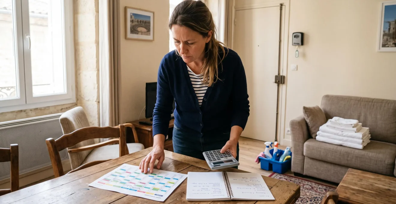 Une propriétaire examine un calendrier de réservations et ses notes de charges dans le salon d'un appartement meublé équipé pour la location courte durée.