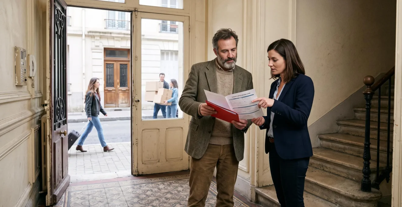 Un propriétaire et un agent immobilier examinent un dossier de candidat locataire dans le hall d'un immeuble résidentiel français.
