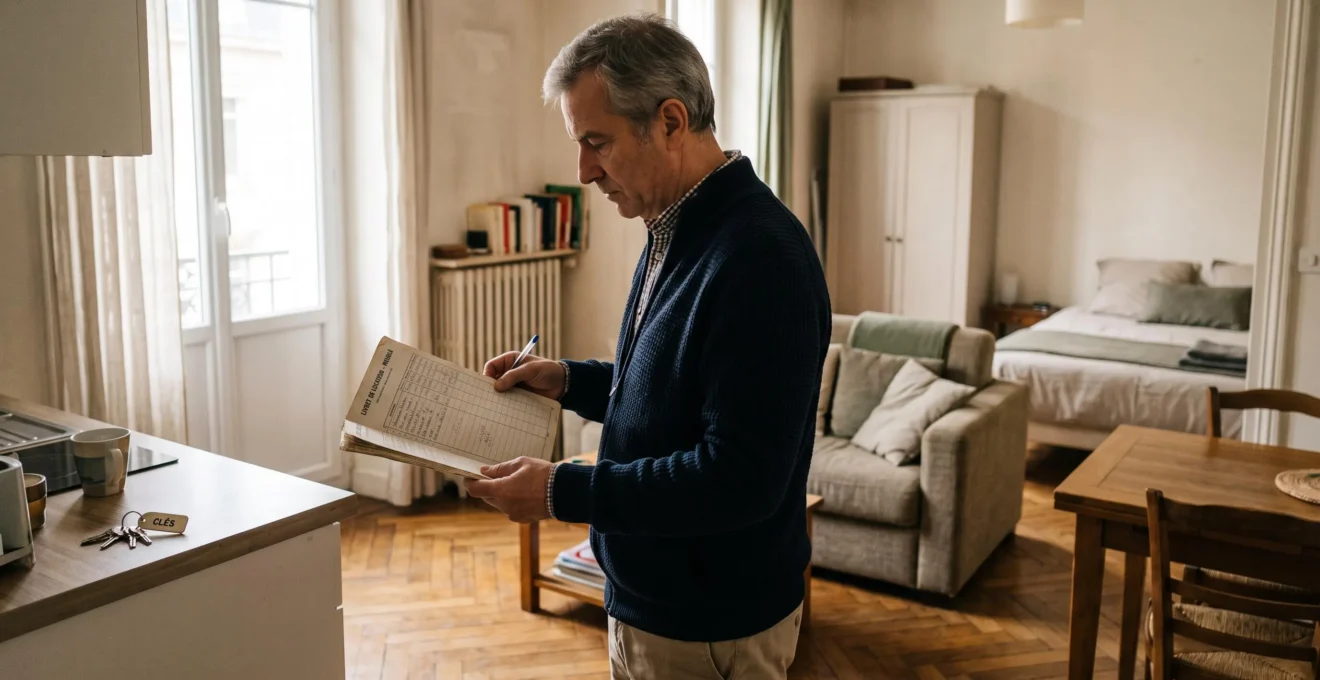 Un propriétaire examine son registre de recettes locatives dans un appartement meublé qu'il loue.