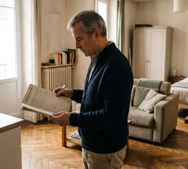 Un propriétaire examine son registre de recettes locatives dans un appartement meublé qu'il loue.