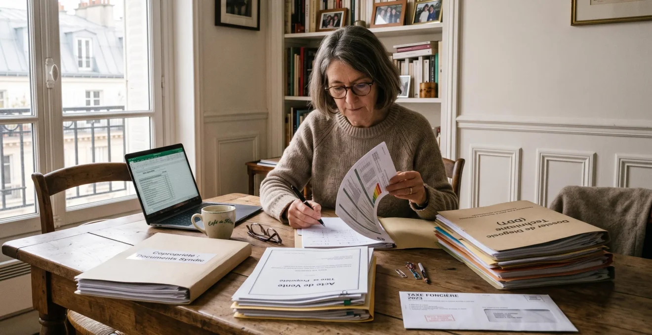 Une propriétaire trie à table les dossiers, diagnostics et documents de copropriété nécessaires à la préparation de la vente de son appartement.