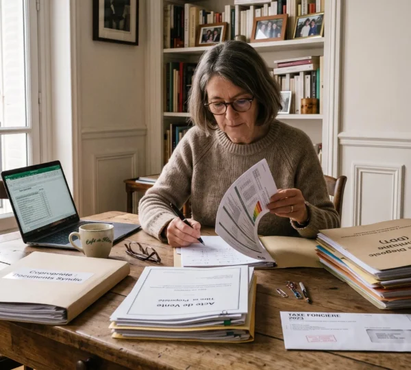 Une propriétaire trie à table les dossiers, diagnostics et documents de copropriété nécessaires à la préparation de la vente de son appartement.