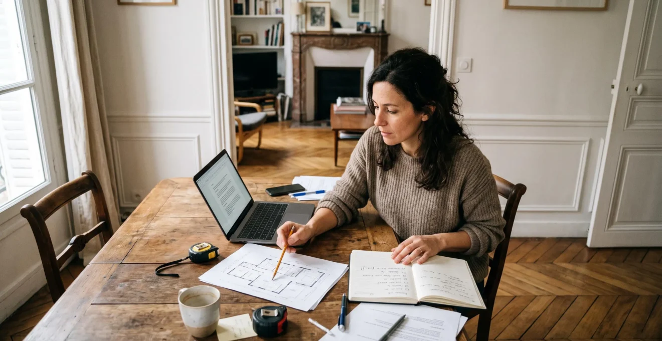 Un propriétaire rédige une annonce immobilière à table, un plan du logement et des notes posés à côté de son ordinateur portable.