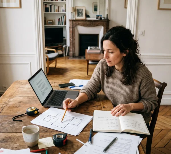 Un propriétaire rédige une annonce immobilière à table, un plan du logement et des notes posés à côté de son ordinateur portable.