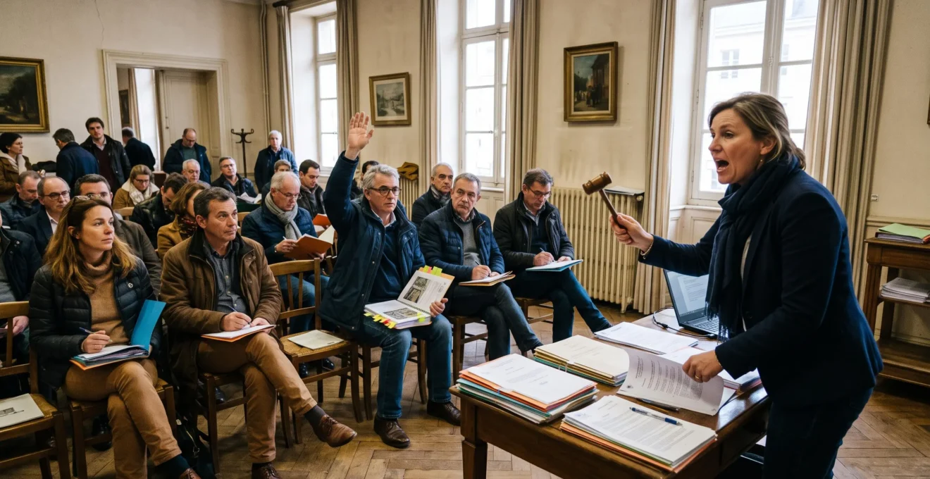 Un greffier au bureau d'une salle d'audience lève son marteau pendant une vente aux enchères immobilières devant des enchérisseurs assis tenant des dossiers.