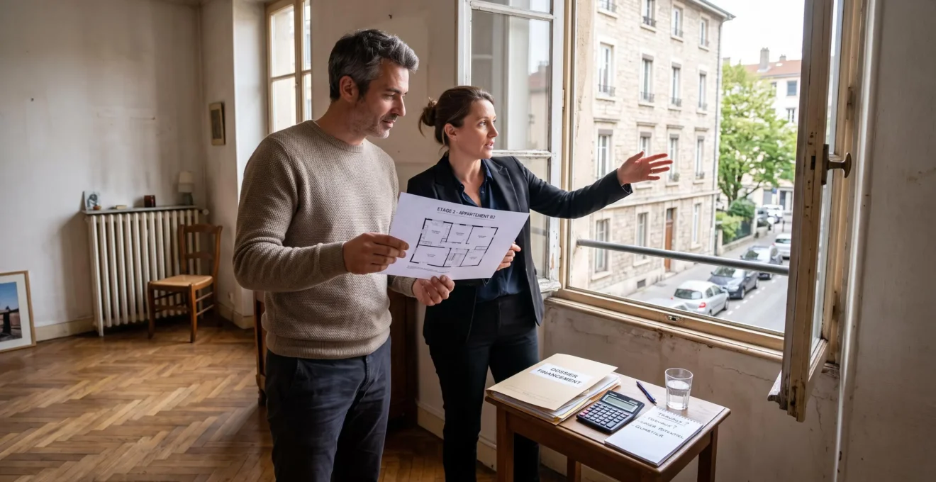 Un acheteur et un conseiller immobilier examinent un appartement depuis la fenêtre, un dossier de financement posé sur la table à côté d'eux.