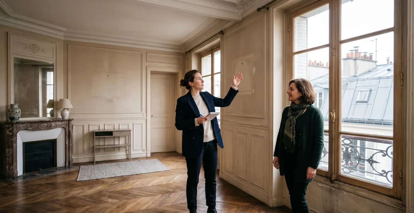 Une acheteuse tenant un carnet pose une question au vendeur d'un appartement pendant une visite.