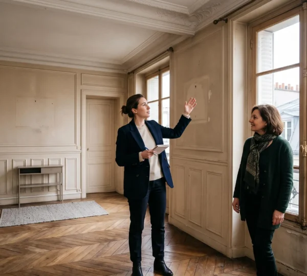 Une acheteuse tenant un carnet pose une question au vendeur d'un appartement pendant une visite.