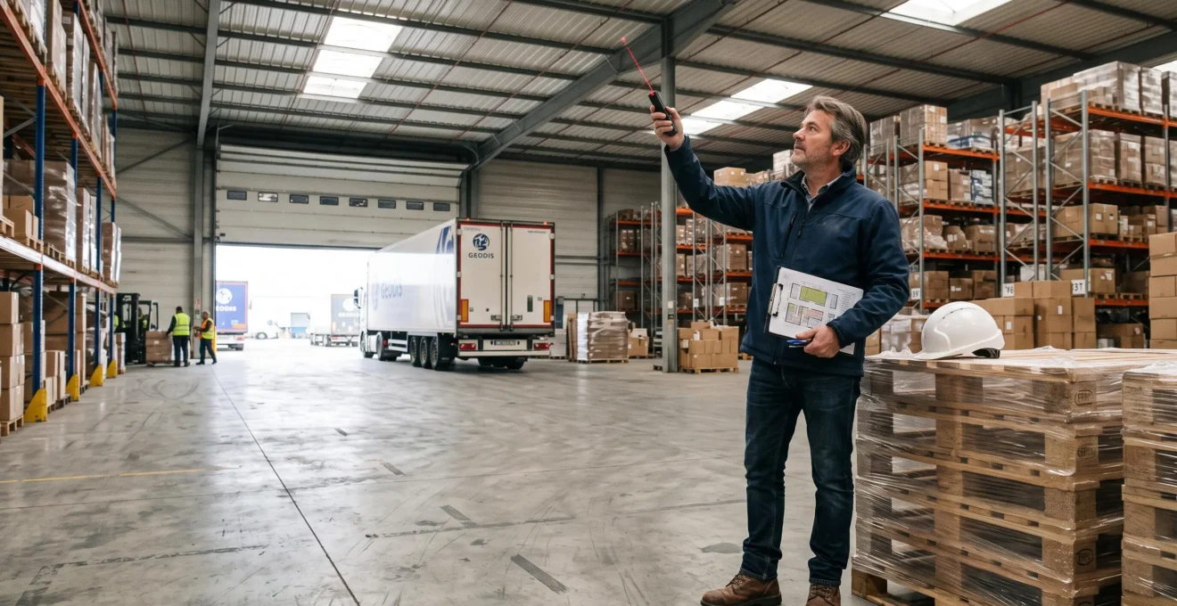 Un investisseur mesure la hauteur sous ferme d'un entrepôt logistique lors d'une visite avant achat.